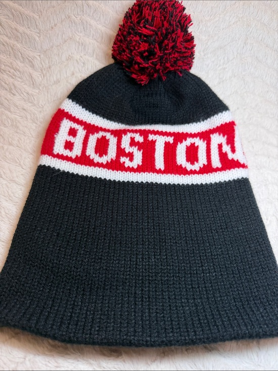 None Other - Boston Black & Red Warm Acrylic Knit Pompom Unisex Winter Hat Beanie